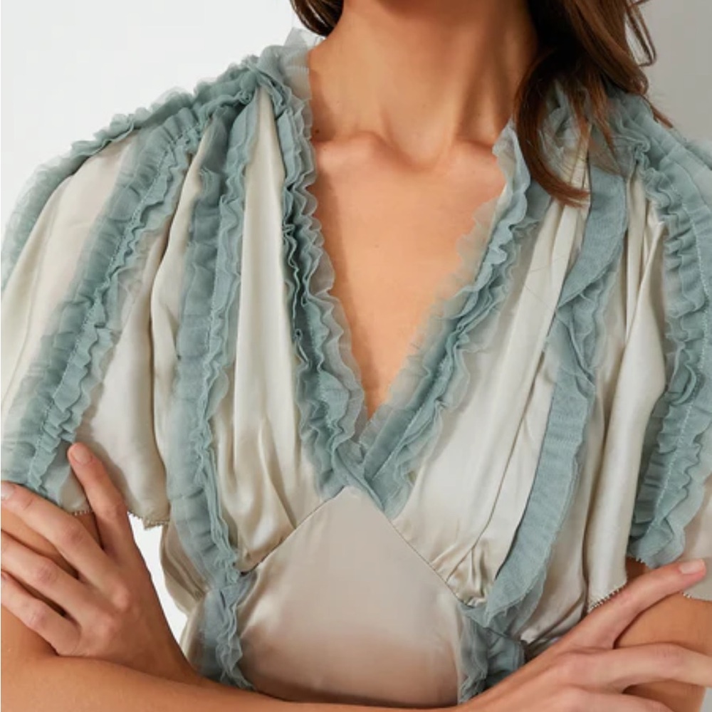 THE GREAT. Cream and Blue Ruffled Dancehall dress - Picture 1 of 10